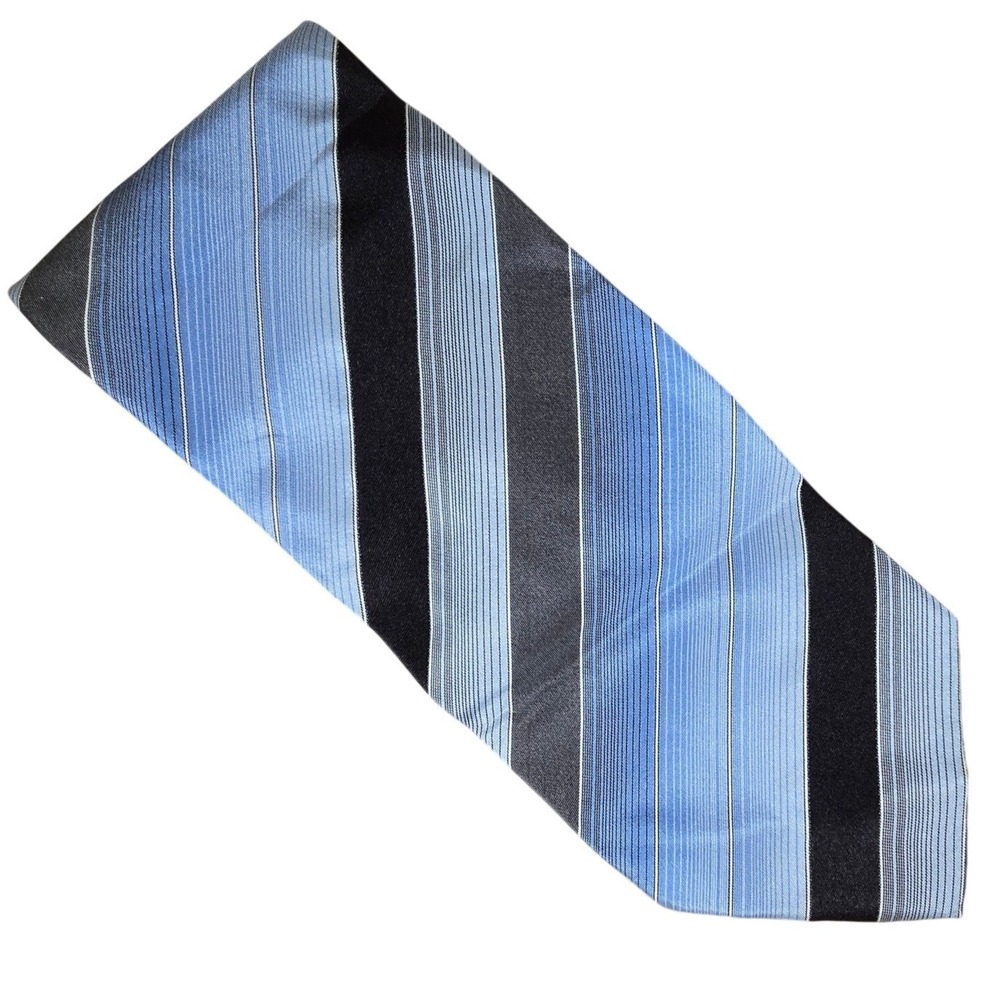 DEADSTOCK 80S ZANETTI‎ Made in Italy 100% SILK blue silver striped cravatte tie